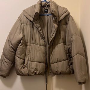 Zara Cropped Puffer, Taupe, Large